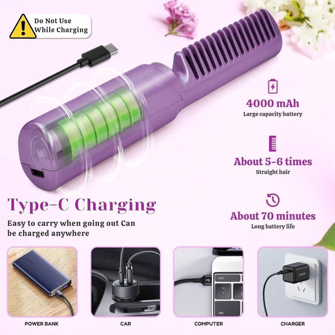 Portable Mini Hair Straightener - Cordless Rechargeable Hot Comb - Adjustable