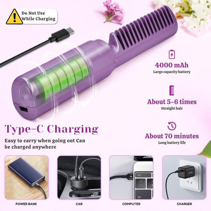 Portable Mini Hair Straightener - Cordless Rechargeable Hot Comb - Adjustable